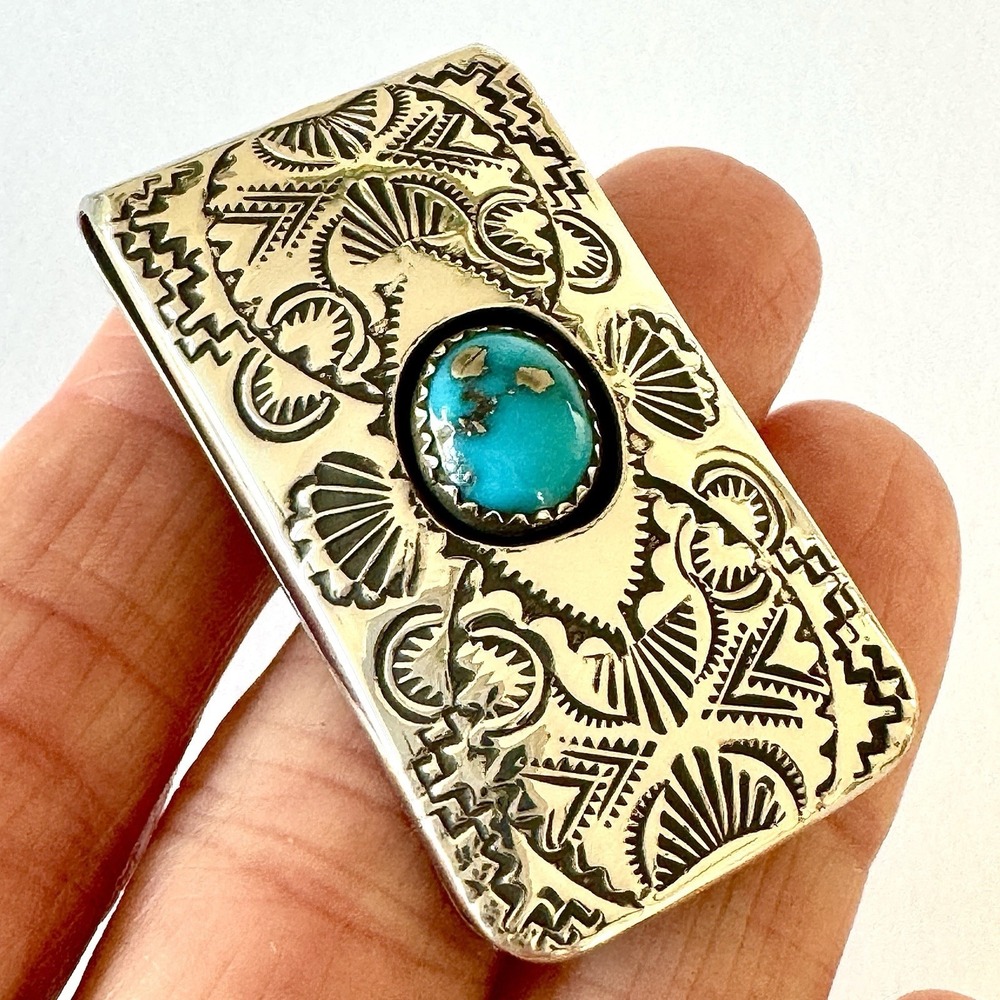 Navajo Turquoise Money Clip Sterling Mens Gift Handmade Skeets Shadowbox Stamped